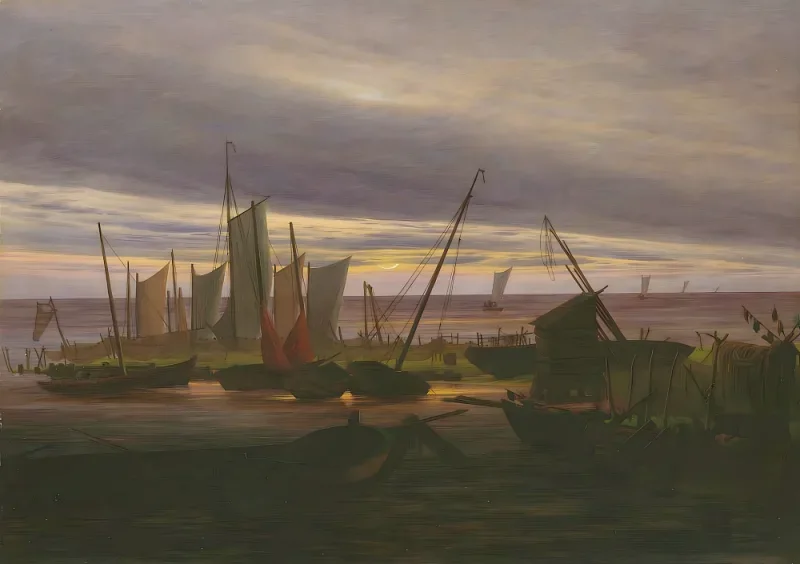 Caspar David Friedrich | Skibe i havnen om natten - 1828 | Indrammet kunsttryk | Romantic | formida