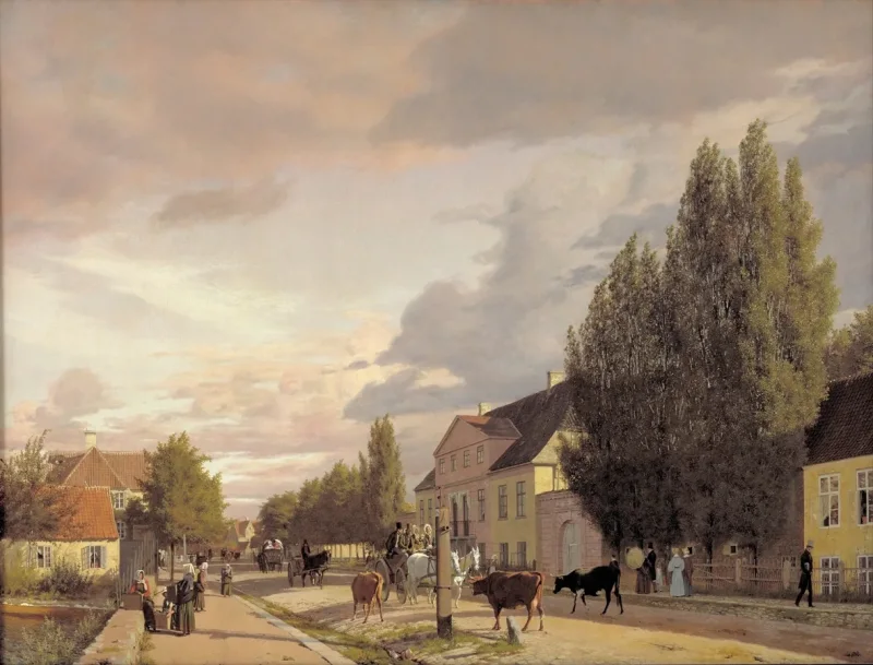 Christen Købke – Blick auf eine Straße in Østerbro außerhalb von Kopenhagen, Morgenlicht 1836 | Giclée Kunstdruck gerahmt