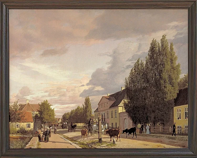 Christen Købke – Blick auf eine Straße in Østerbro außerhalb von Kopenhagen, Morgenlicht 1836 | Giclée Kunstdruck gerahmt
