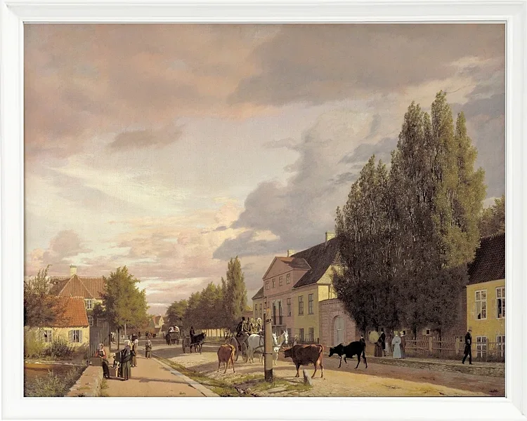 Christen Købke – Blick auf eine Straße in Østerbro außerhalb von Kopenhagen, Morgenlicht 1836 | Giclée Kunstdruck gerahmt