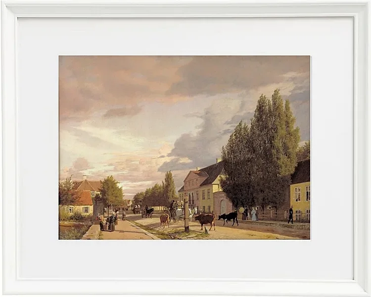 Christen Købke – Blick auf eine Straße in Østerbro außerhalb von Kopenhagen, Morgenlicht 1836 | Giclée Kunstdruck gerahmt