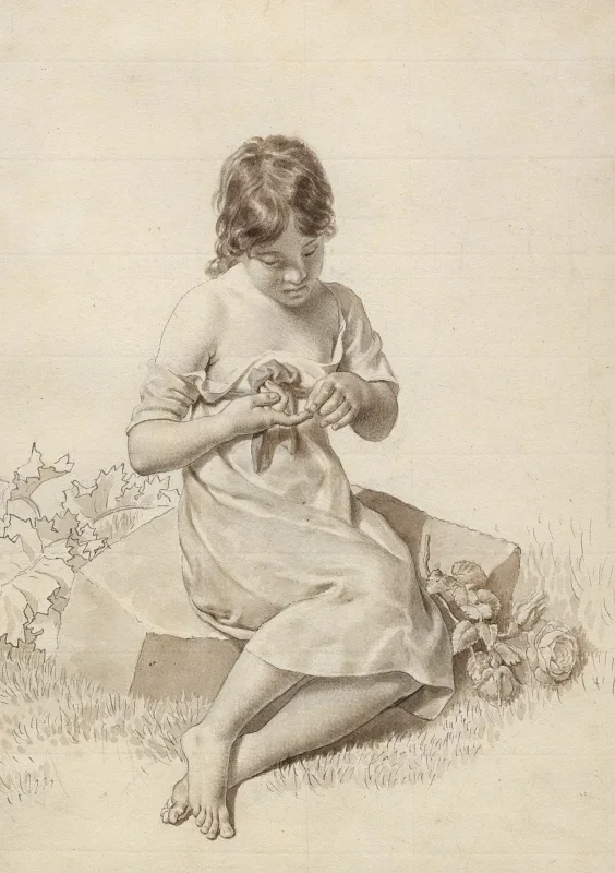 Christoffer W. Eckersberg | Ein kleines Mädchen, das sich an einem Rosenstachel in den Finger gestochen hat – 1812 | Gerahmter Kunstdruck | Goldenes Zeitalter Dänemark | formida