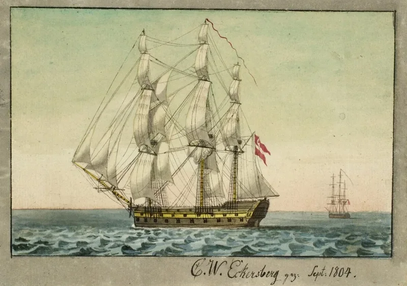 Christoffer W. Eckersberg |Et dansk krigsskib under sejl - 1804 | Indrammet kunsttryk | Danmarks Guldalder | formida