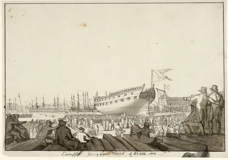 Christoffer W. Eckersberg | Linjeskibet Prins Christian Frederik søsættes - 1804 | Indrammet kunsttryk | Danmarks Guldalder | formida