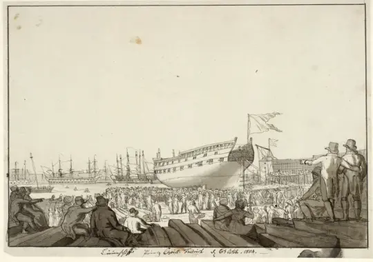 Christoffer W. Eckersberg | Linienschiff Prinz Christian Frederik läuft vom Stapel - 1804 | Gerahmter Kunstdruck | Goldenes Zeitalter Dänemark | formida