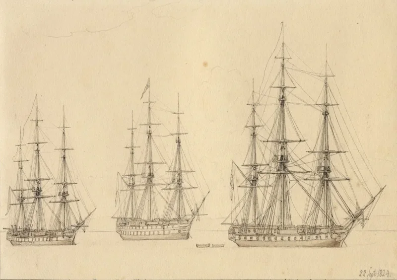 Christoffer W. Eckersberg | Tre russiske linjeskibe - 1824 | Indrammet kunsttryk | Danmarks Guldalder | formida
