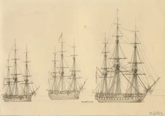 Christoffer W. Eckersberg | Drei russische Linienschiffe - 1824 | Gerahmter Kunstdruck | Goldenes Zeitalter Dänemark | formida