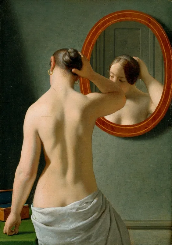 Christoffer W. Eckersberg | En nøgen kvinde, der retter sit hår foran et spejl - 1841 | Indrammet kunsttryk | Danmarks Guldalder | formida