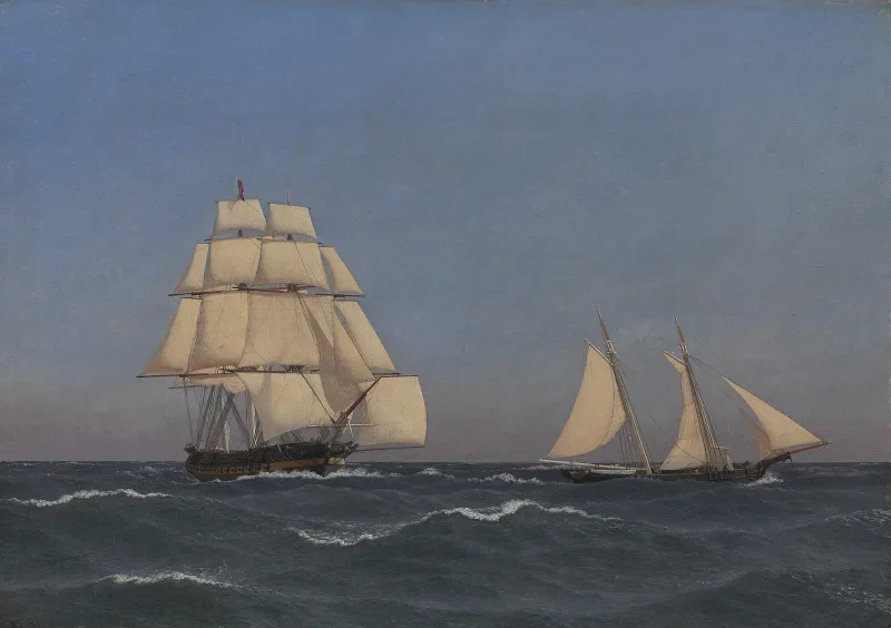 Christoffer W. Eckersberg | Ein Freibeuter, der eine verfolgende Fregatte segelt - 1845 | Gerahmter Kunstdruck | Goldenes Zeitalter Dänemark | formida