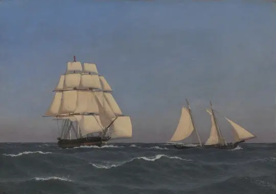 Christoffer W. Eckersberg | En kaper ude at sejle en forfølgende fregat - 1845 | Indrammet kunsttryk | Danmarks Guldalder | formida