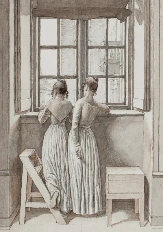 Christoffer W. Eckersberg | Ved et vindue i kunstnerens atelier - 1852 | Indrammet kunsttryk | Danmarks Guldalder | formida