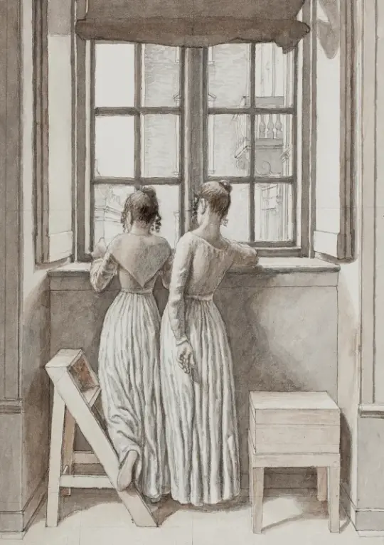 Christoffer W. Eckersberg | Ved et vindue i kunstnerens atelier - 1852 | Indrammet kunsttryk | Danmarks Guldalder | formida