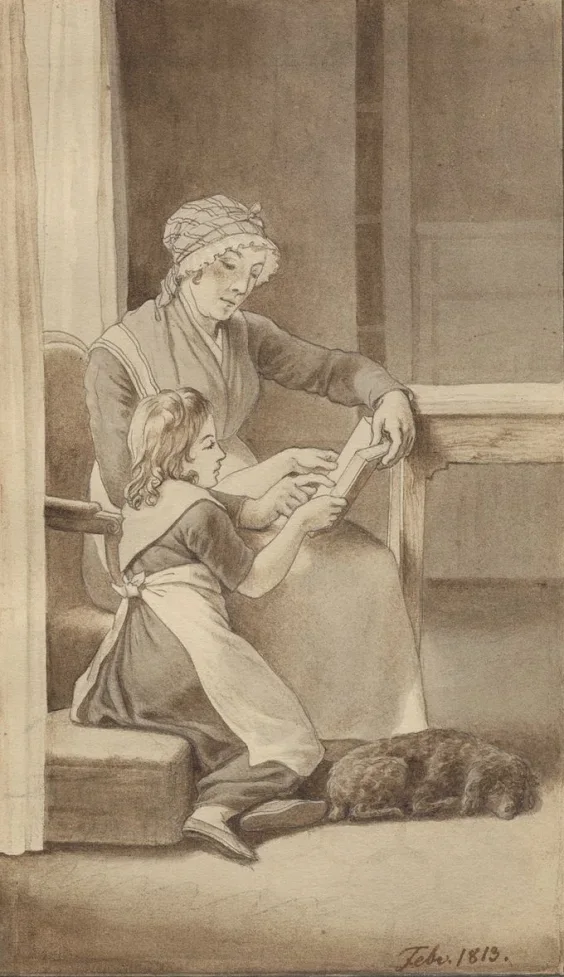 Christoffer W. Eckersberg | En mor lærer sin unge datter at læse - 1813 | Indrammet kunsttryk | Danmarks Guldalder | formida