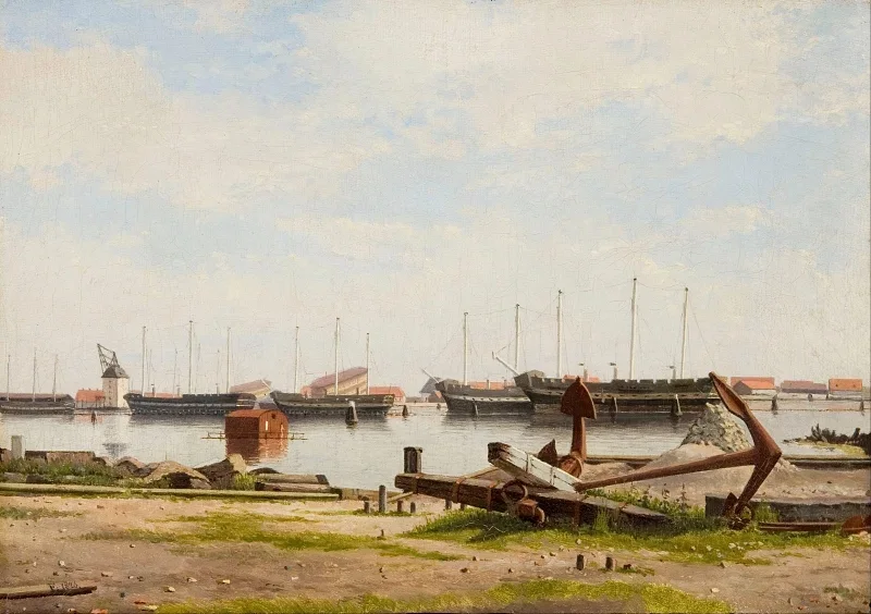 Christoffer W. Eckersberg | Parti af  Nyholm med kranen og nogle krigsskibe  -1826 | Indrammet kunsttryk | Danmarks Guldalder | formida