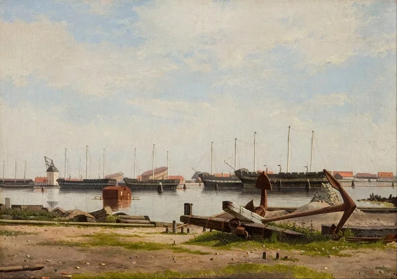 Christoffer W. Eckersberg | Nyholm med kranen og nogle krigsskibe - 1826 | Indrammet kunsttryk | Danmarks Guldalder | formida