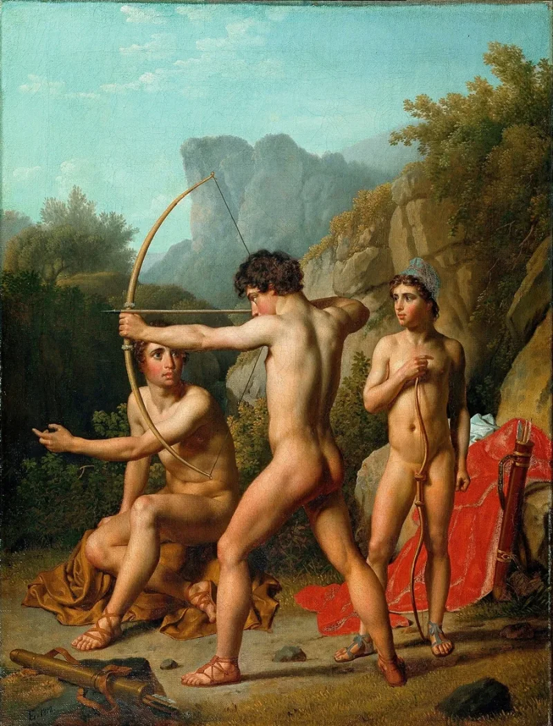 Christoffer Wilhelm Eckersberg – Drei spartanische Jungen üben Bogenschießen 1812 | Giclée Kunstdruck gerahmt