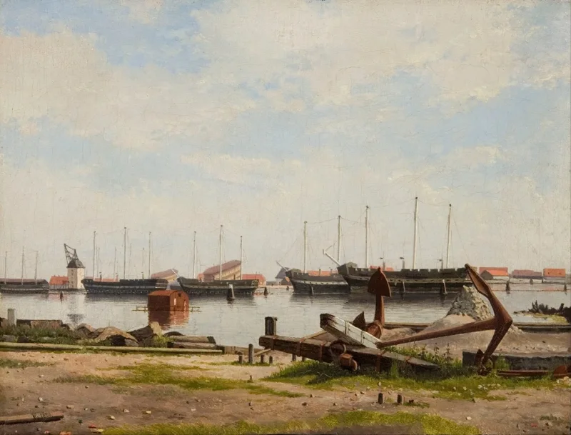 Christoffer Wilhelm Eckersberg – Ein Teil von Nyholm mit dem Kran und einigen Kriegsschiffen 1826 | Giclée Kunstdruck gerahmt