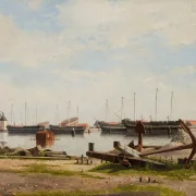 Christoffer Wilhelm Eckersberg – Ein Teil von Nyholm mit dem Kran und einigen Kriegsschiffen 1826 | Giclée Kunstdruck gerahmt
