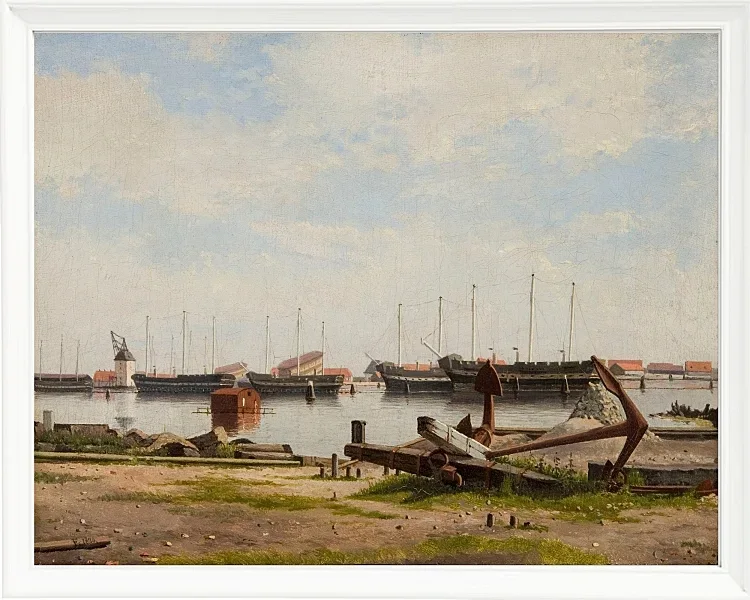 Christoffer Wilhelm Eckersberg – Ein Teil von Nyholm mit dem Kran und einigen Kriegsschiffen 1826 | Giclée Kunstdruck gerahmt