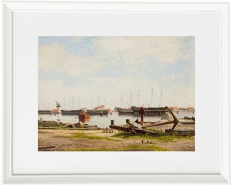 Christoffer Wilhelm Eckersberg – Ein Teil von Nyholm mit dem Kran und einigen Kriegsschiffen 1826 | Giclée Kunstdruck gerahmt