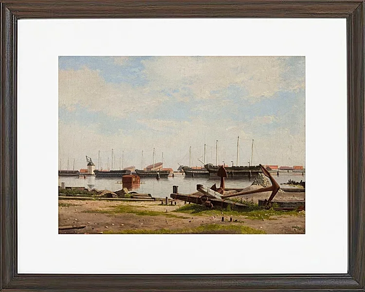 Christoffer Wilhelm Eckersberg – Ein Teil von Nyholm mit dem Kran und einigen Kriegsschiffen 1826 | Giclée Kunstdruck gerahmt