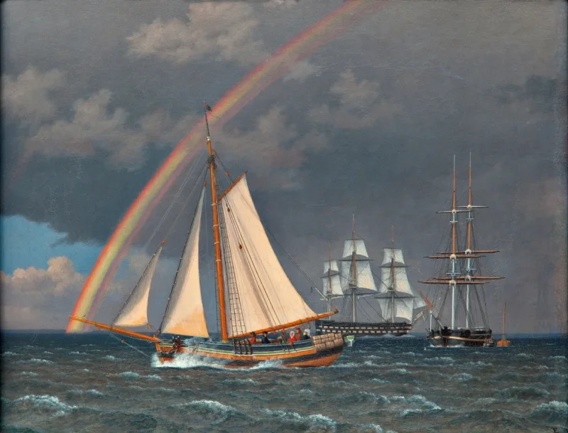 Christoffer Wilhelm Eckersberg – Regenbogen auf See und eine Kreuzungsjagd mit anderen Schiffen 1836 | Giclée Kunstdruck gerahmt