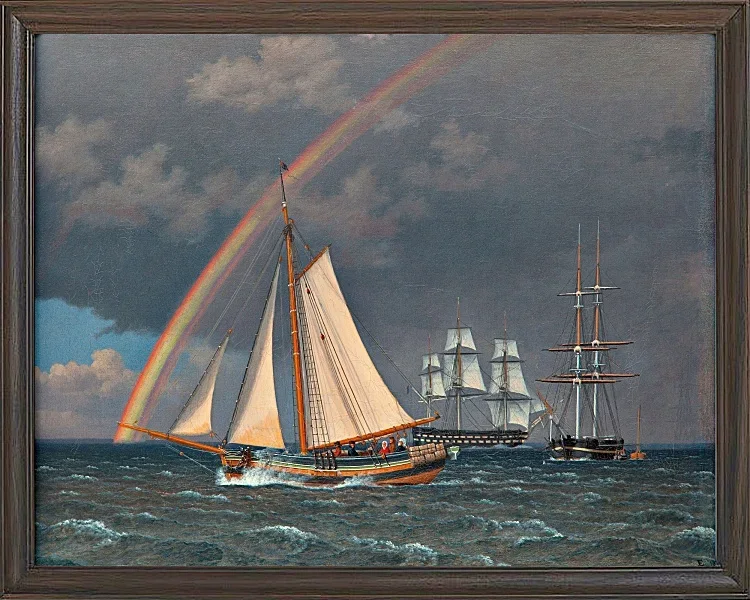 Christoffer Wilhelm Eckersberg – Regenbogen auf See und eine Kreuzungsjagd mit anderen Schiffen 1836 | Giclée Kunstdruck gerahmt
