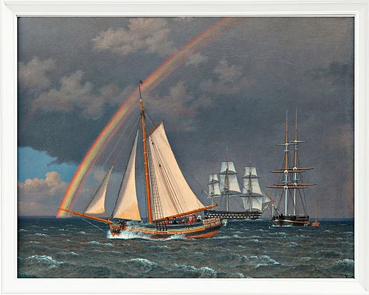 Christoffer Wilhelm Eckersberg – Regenbogen auf See und eine Kreuzungsjagd mit anderen Schiffen 1836 | Giclée Kunstdruck gerahmt