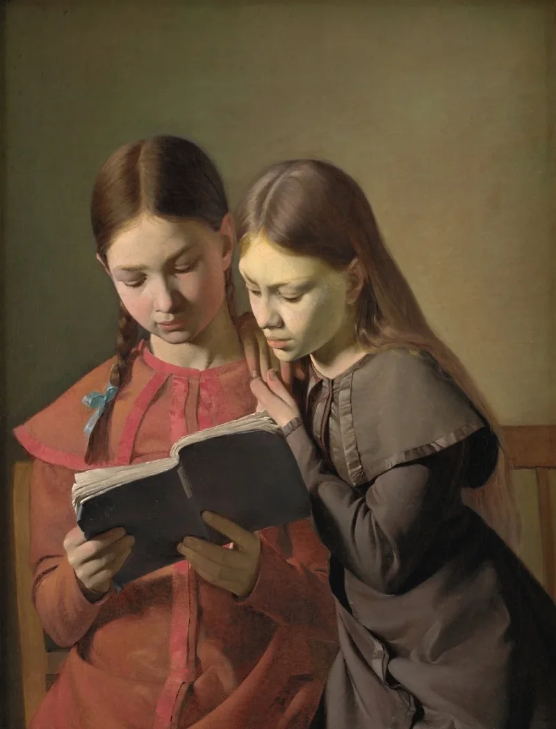 Constantin Hansen – Die Schwestern des Künstlers, Signe und Henriette, lesen ein Buch 1826 | Giclée Kunstdruck gerahmt