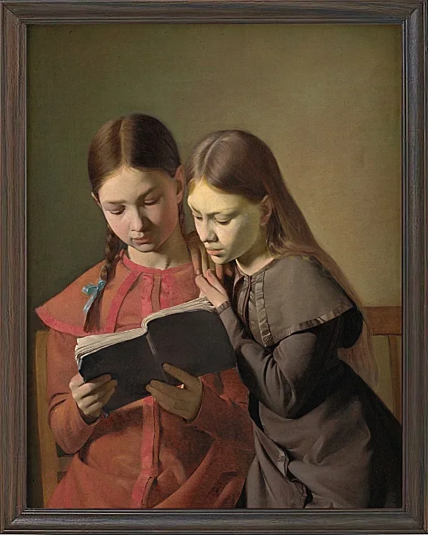 Constantin Hansen – Die Schwestern des Künstlers, Signe und Henriette, lesen ein Buch 1826 | Giclée Kunstdruck gerahmt