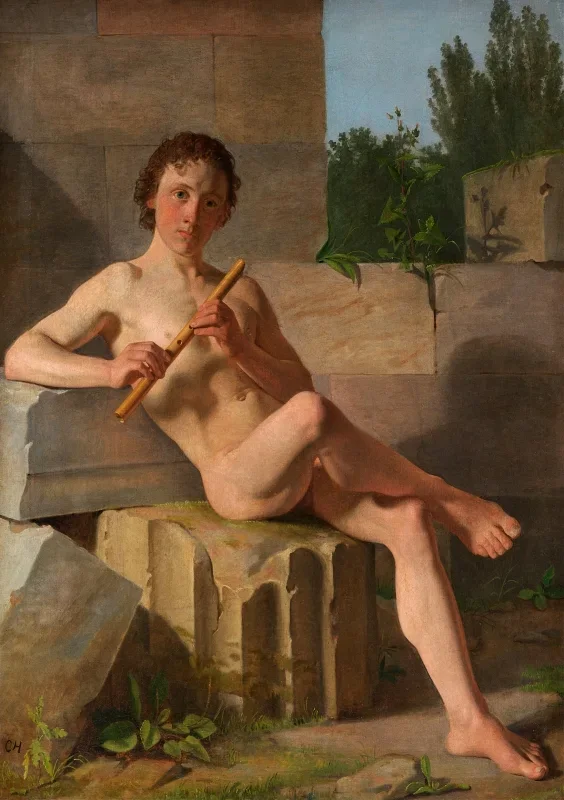 Constantin Hansen | En mandlig model, der spiller fløjte - 1826 | Indrammet kunsttryk | Danmarks Guldalder | formida
