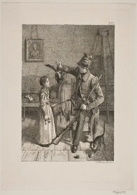 Constantin Hansen | En jæger viser en lille pige sit bytte - 1832 | Indrammet kunsttryk | Danmarks Guldalder | formida