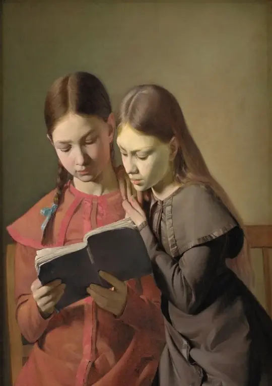 Constantin Hansen | Kunstnerens søstre Signe og Henriette læser en bog - 1826 | Indrammet kunsttryk | Danmarks Guldalder | formida