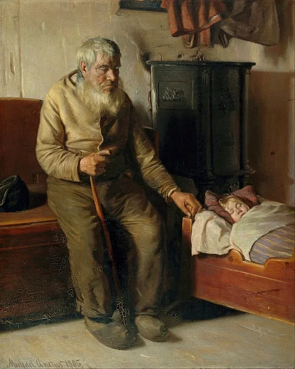 Der blinde Kristian kümmert sich um ein Kind – 1885