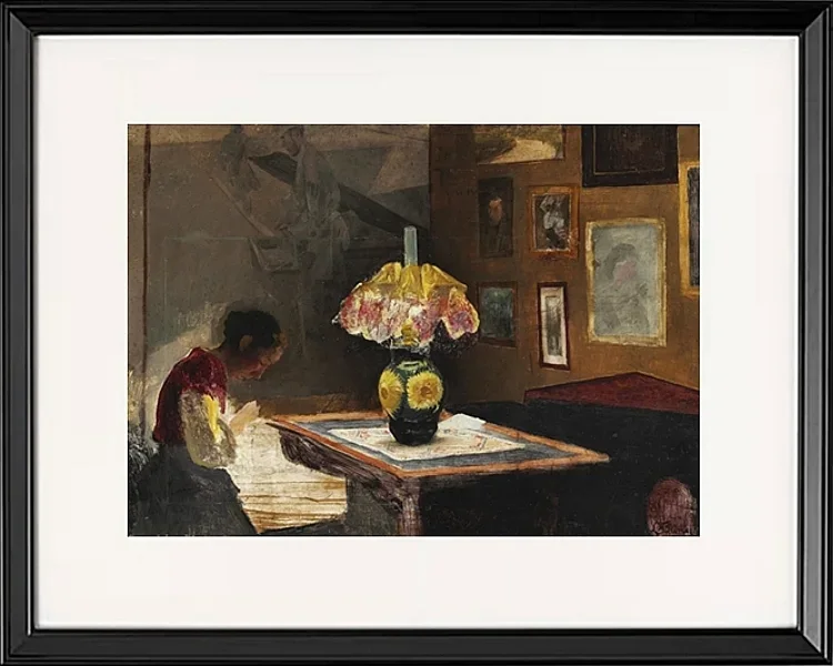 Die Frau des Künstlers Sigrid näht bei Lampenlicht - 1898