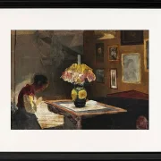 Die Frau des Künstlers Sigrid näht bei Lampenlicht - 1898