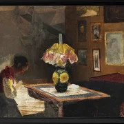 Die Frau des Künstlers Sigrid näht bei Lampenlicht - 1898