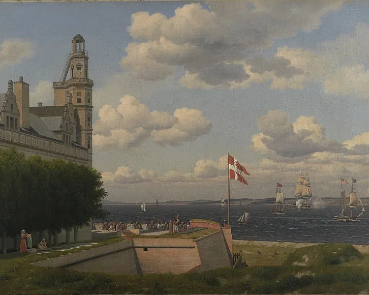 Ein Blick auf die schwedische Küste von den Stadtmauern von Kronborg gesehen - 1829