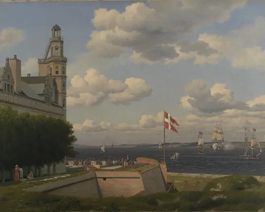Ein Blick auf die schwedische Küste von den Stadtmauern von Kronborg gesehen - 1829