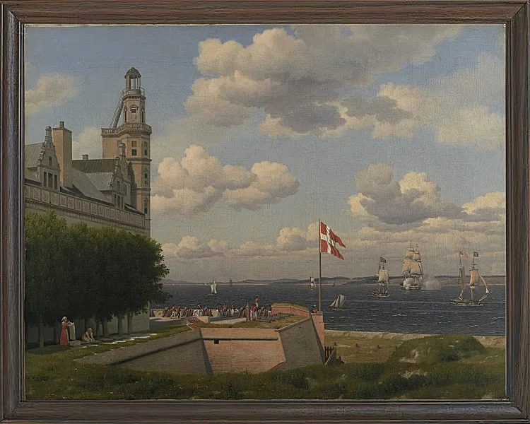 Ein Blick auf die schwedische Küste von den Stadtmauern von Kronborg gesehen - 1829
