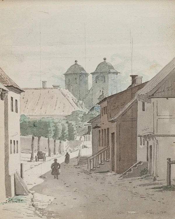 Ein Blick eine Meerenge hinunter auf die beiden Türme der Kathedrale von Viborg – 1829