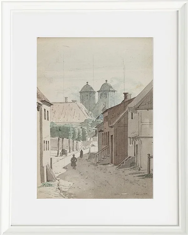 Ein Blick eine Meerenge hinunter auf die beiden Türme der Kathedrale von Viborg – 1829