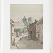 Ein Blick eine Meerenge hinunter auf die beiden Türme der Kathedrale von Viborg – 1829