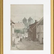 Ein Blick eine Meerenge hinunter auf die beiden Türme der Kathedrale von Viborg – 1829