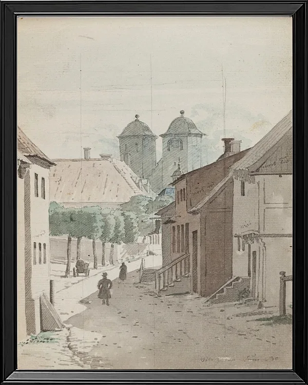 Ein Blick eine Meerenge hinunter auf die beiden Türme der Kathedrale von Viborg – 1829