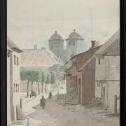 Ein Blick eine Meerenge hinunter auf die beiden Türme der Kathedrale von Viborg – 1829