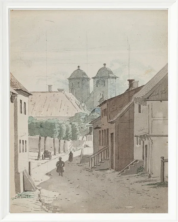 Ein Blick eine Meerenge hinunter auf die beiden Türme der Kathedrale von Viborg – 1829