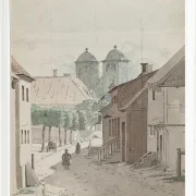 Ein Blick eine Meerenge hinunter auf die beiden Türme der Kathedrale von Viborg – 1829