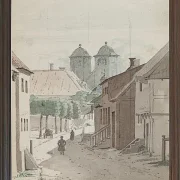 Ein Blick eine Meerenge hinunter auf die beiden Türme der Kathedrale von Viborg – 1829