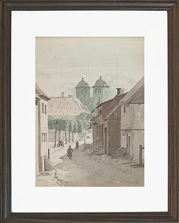 Ein Blick eine Meerenge hinunter auf die beiden Türme der Kathedrale von Viborg – 1829